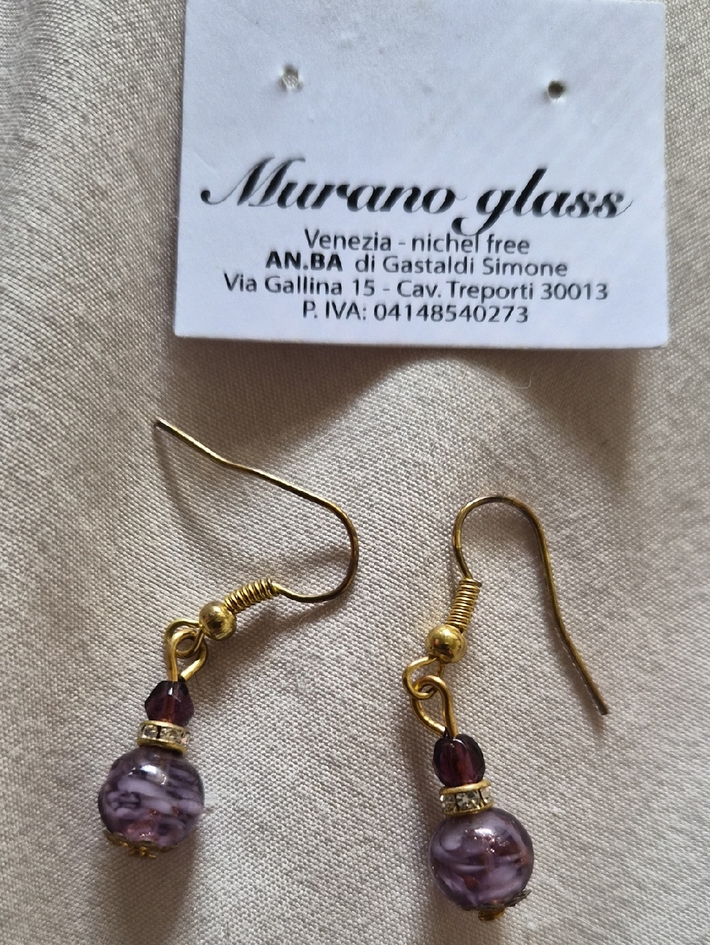 Murano Purple Glass Drop Earrings With Gold Accents (From Italy) - Murano